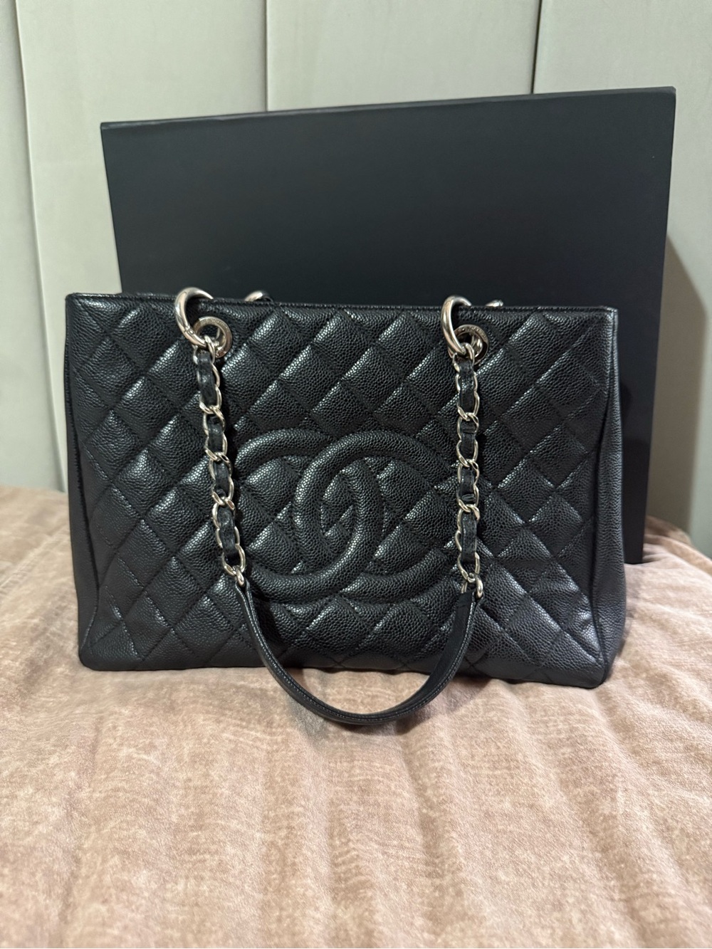 Chanel Quilted Caviar Leather GST Grand shopping tote black with silver hardware